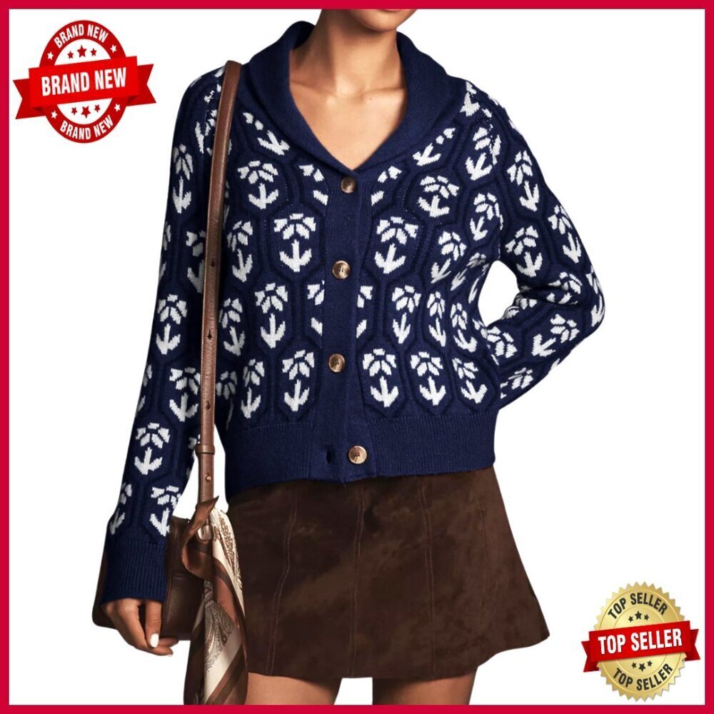 Floral Cropped Cardigan Shawl Collar Button Down Knit Sweater Medium